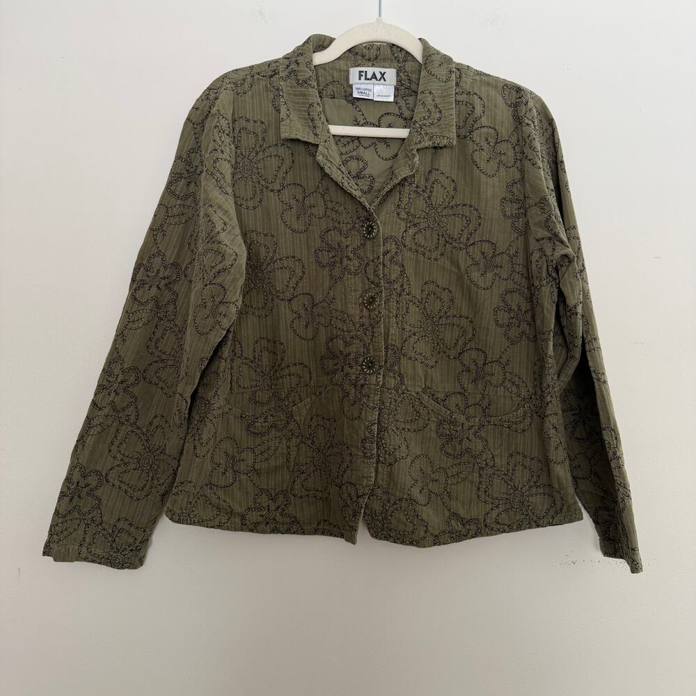 Flax 100% Cotton Embroidered Floral Three Button Blazer Size Small